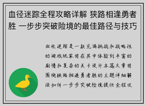 血径迷踪全程攻略详解 狭路相逢勇者胜 一步步突破险境的最佳路径与技巧